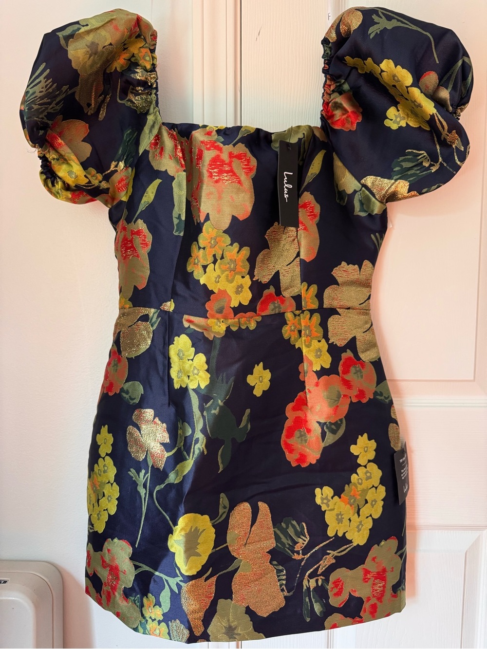 Lulu's Navy Floral Puff-Sleeve Mini Dress with Gold & Coral Accents